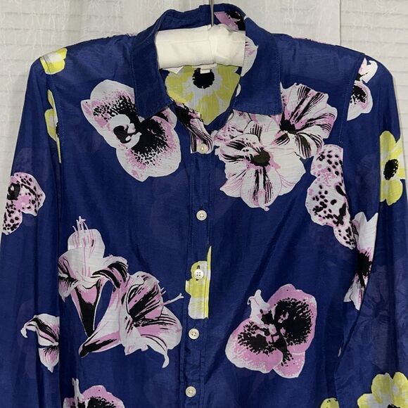 J. Crew XS Blue Pink Yellow White Black Floral Cotton Silk Long Sleeve Shirt - Picture 5 of 13